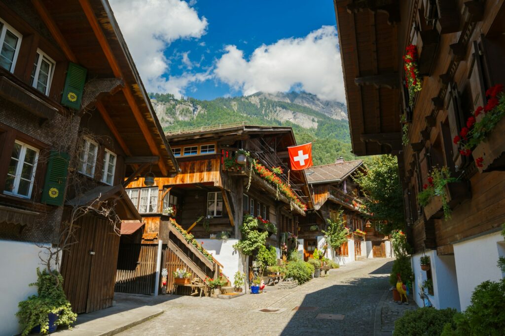 Traditional wooden houses line a village street with mountains.