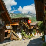 Traditional wooden houses line a village street with mountains.
